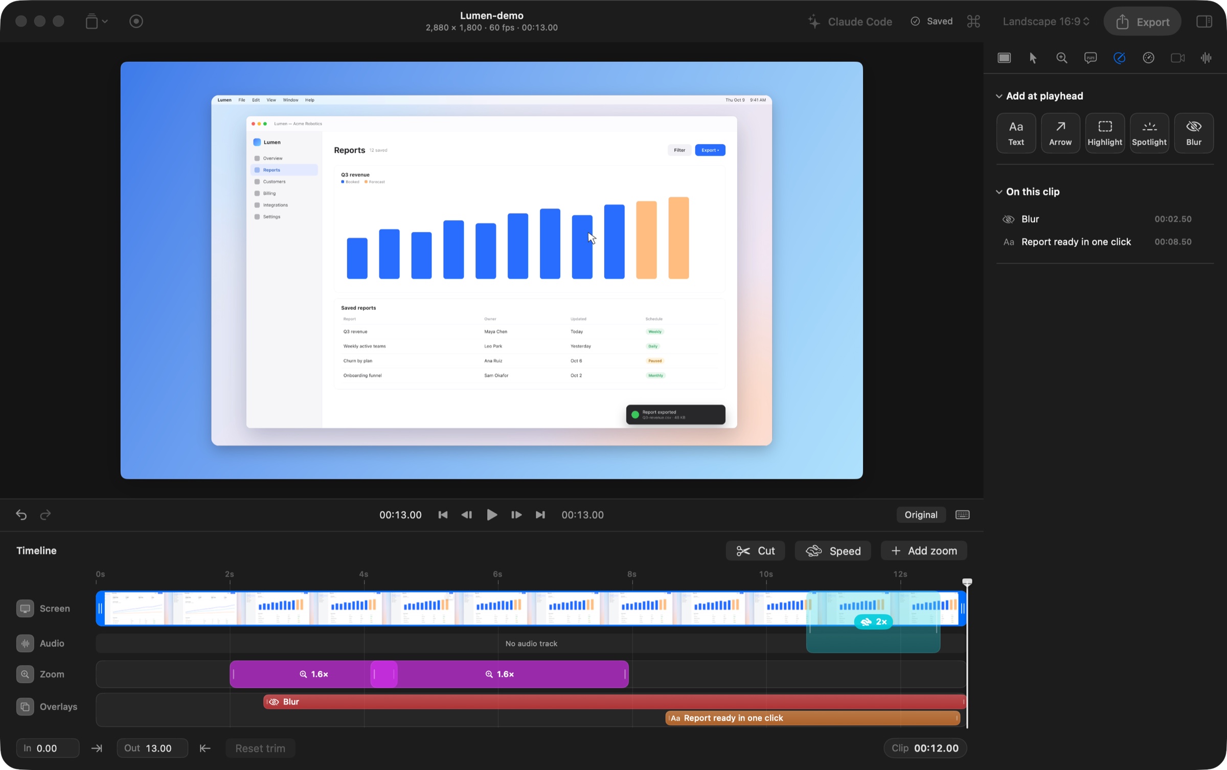 The VeyFrame editor: preview, playback bar, timeline with zoom, overlay, and speed blocks, and the inspector