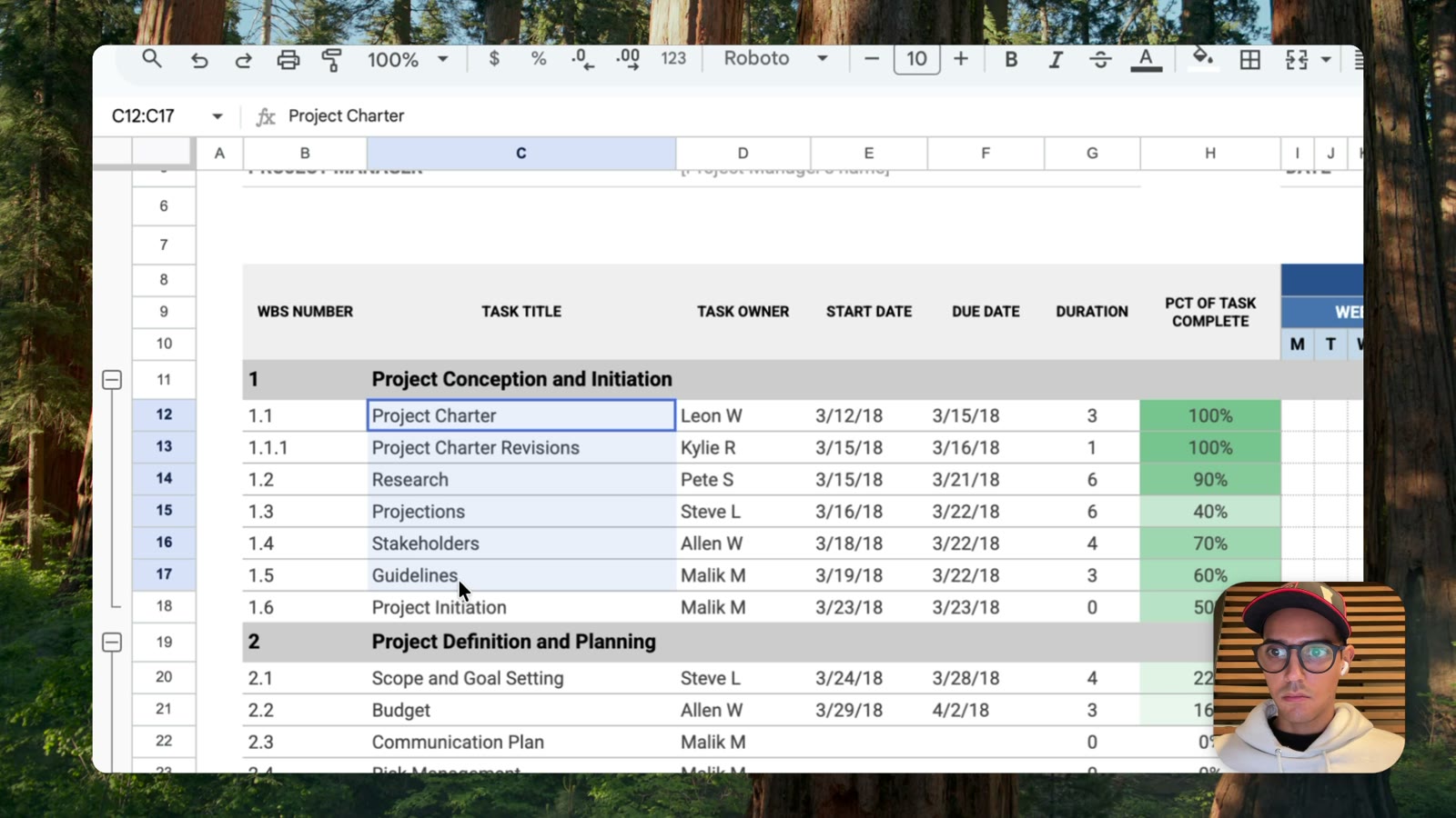 Zoomed in on the spreadsheet rows the pointer is working on, with the camera in a rounded bubble