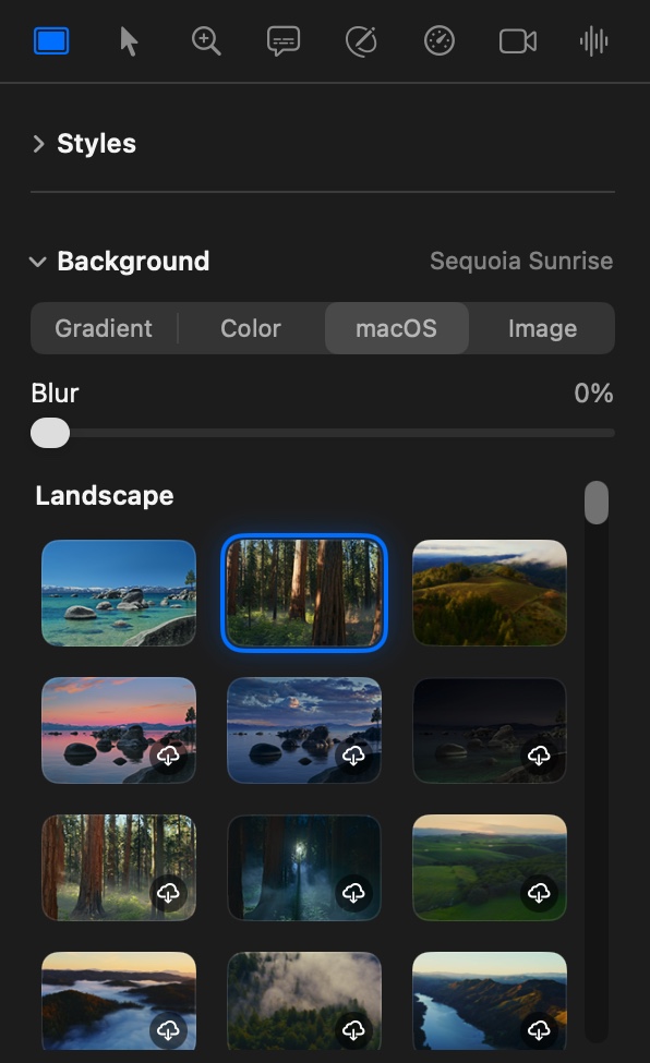 VeyFrame's Background settings with macOS wallpapers