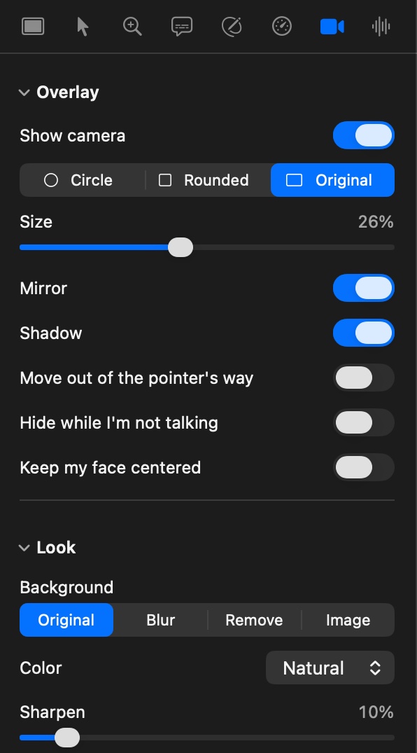 VeyFrame's Camera settings with the Original shape selected
