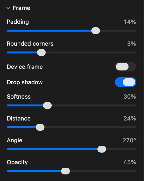 VeyFrame's Frame settings: padding, rounded corners, and shadow softness, distance, angle, and opacity
